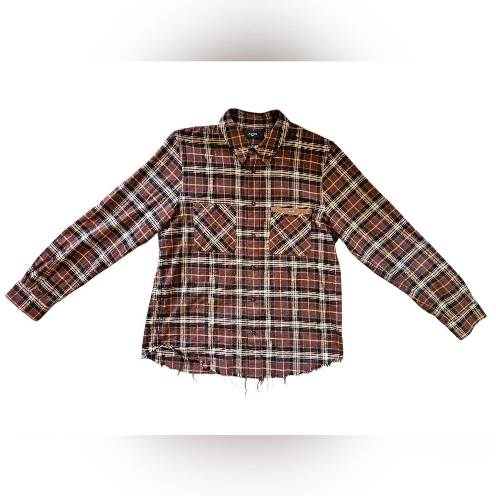 Amiri | Leather Logo Flannel Button Down Shirt | Brown | Mens | Size Large - Picture 5 of 16
